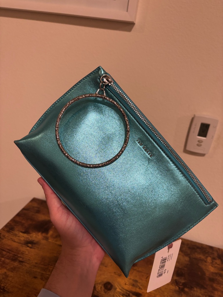 Nwt Ted Baler Metallic Teal Wristlet Clutch With Bangle Handle & Chain Strap